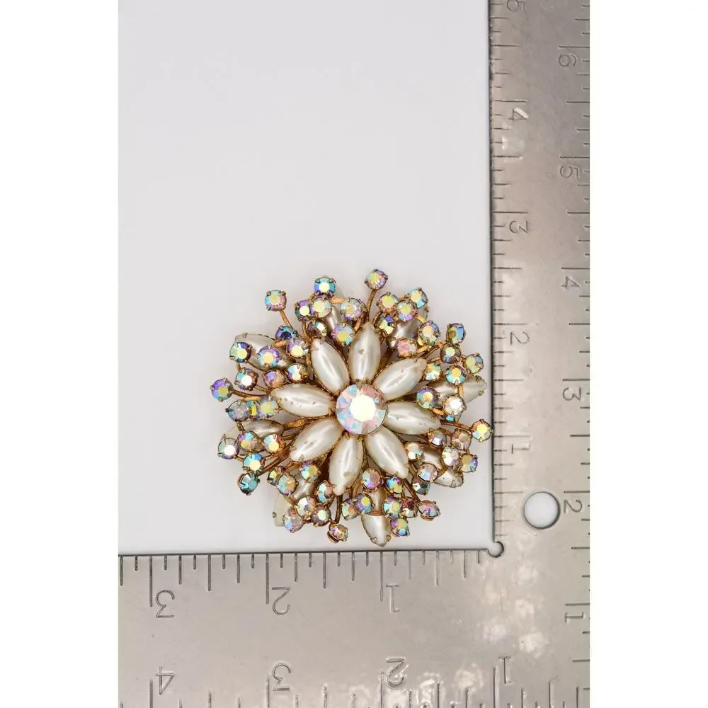 Vintage Crystal Flower Pin Brooch Aurora Borealis Rhinestone Prong 1980s BinAT